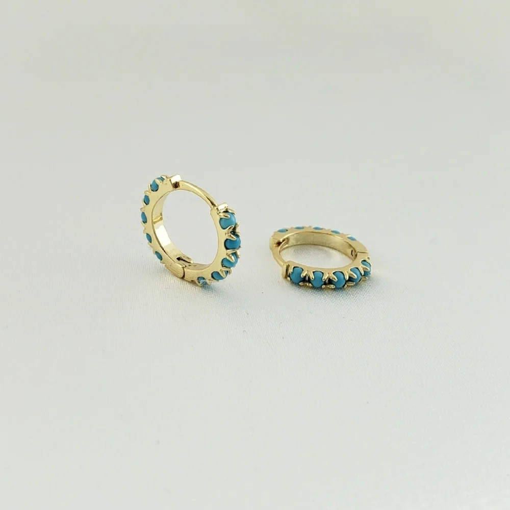 14K Gold Turquoise Huggie Hoop Earrings - Picture 1 of 1